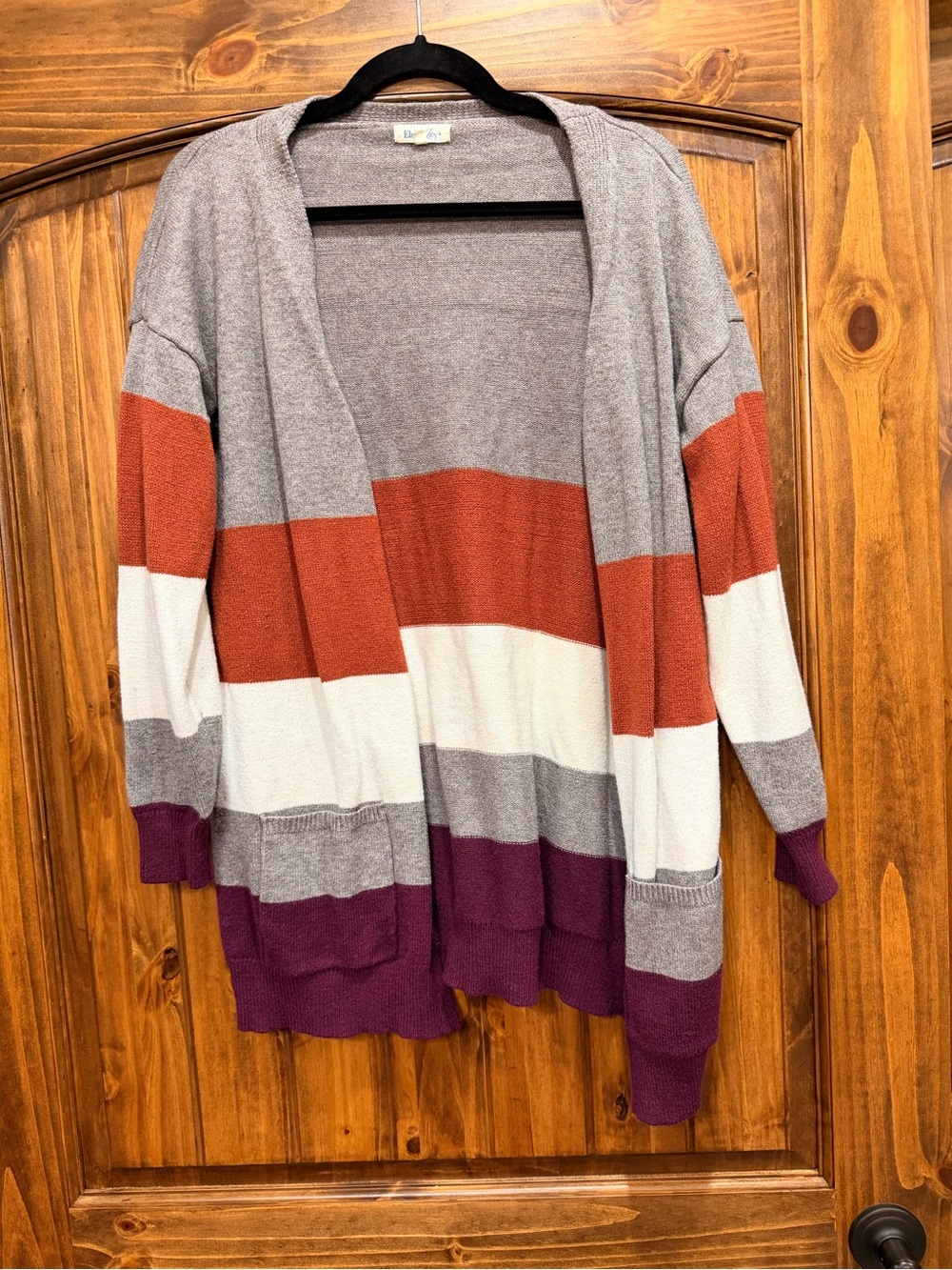 Striped Open-Front Cardigan in Gray, Rust & Plum